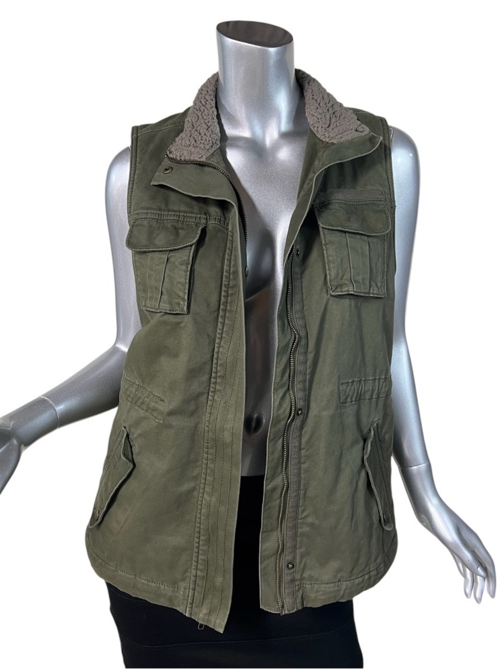 Sonoma Goods for Life Olive Green Utility Cargo Vest Faux Sherpa Lined Zip Small